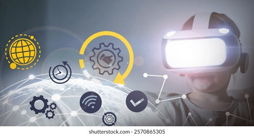Background in Education and Innovation. Children learning concept of the future with realistic technology in the new online education system. Virtual Reality, VR, Experience, connection, Future