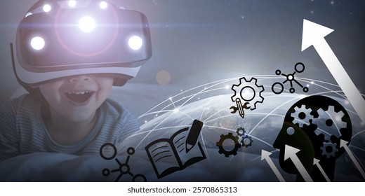 Background in Education and Technology. Innovative learning ideas for children to create new experiences in the future. Virtual Reality, Education, VR Headset, Child Exploration, Future Learning