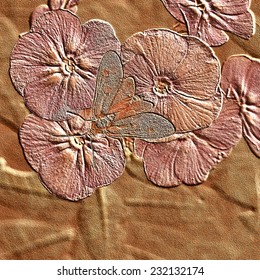 Background Of Embossed Flowers With A Butterfly On A Wooden Generated Texture