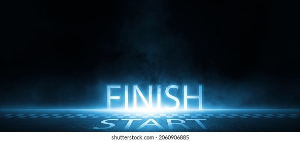 Background Of An Empty Dark, Rendering Abstract Race Track Start And Finish Line Racing On The Night Neon Light, Smoke, Glow