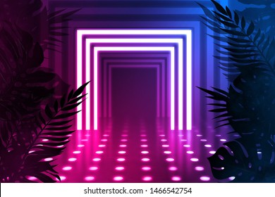 Background of empty dark scenes with neon lights and shapes, smoke. Silhouettes of tropical palm leaves in the foreground. Bright futuristic abstract background