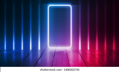 Background of an empty disco scene. Neon square figure in the center of the scene. Neon light smoke. Dark abstract futuristic background