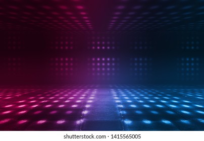 Background of an empty disco scene. Neon square figure in the center of the scene. Neon light smoke. Dark abstract futuristic background