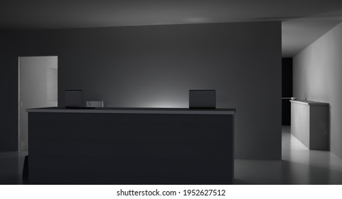 Background With Empty Reception Desk In A Late Night Office With Low Lighting. Workplace In The Office After Finishing Work. 3D Render.