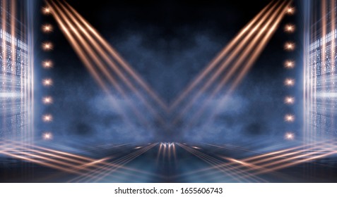 Background of empty show scene. Empty dark modern abstract neon background. Glow of neon lights on an empty stage, diodes, rays and lines. Lights of the night city. - Shutterstock ID 1655606743
