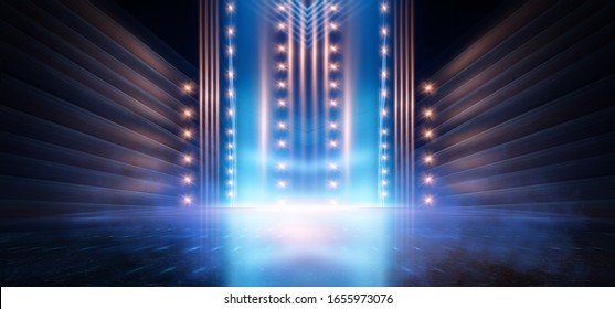 Background of empty show scene. Empty dark modern abstract neon background. Glow of neon lights on an empty stage, diodes, rays and lines. Lights of the night city.
