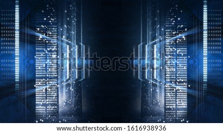 Background of empty show scene. Empty dark modern abstract neon background. Glow of neon lights on an empty stage, diodes, rays and lines. Lights of the night city. 3D illustration
