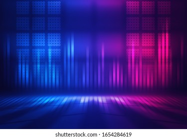 Background Empty Show Scene. Ultraviolet Dark Abstract Background. Geometric Neon Shapes, Neon Glow, Blue And Pink Lighting