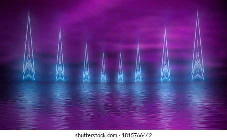 Background empty show scene. Ultraviolet dark abstract background. Geometric neon shapes, neon glow, blue and pink lighting 3D illustration