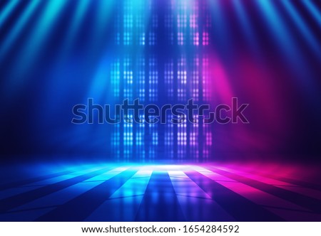 Background empty show scene. Ultraviolet dark abstract background. Geometric neon shapes, neon glow, blue and pink lighting