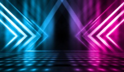 Background Of Empty Stage Show. Neon Blue And Purple Light And Laser Show. Laser Futuristic Shapes On A Dark Background. Abstract Dark Background With Neon Glow