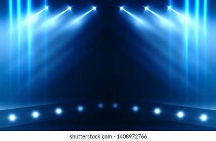 Background Of Empty Stage Show. Neon Light And Laser Show. Laser Futuristic Shapes On A Dark Background. Abstract Dark Background With Neon Glow