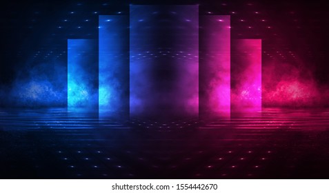 Background of empty stage show. Neon light and laser show. Laser futuristic shapes on a dark background. Abstract dark background with neon glow.