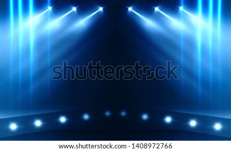 Background of empty stage show. Neon light and laser show. Laser futuristic shapes on a dark background. Abstract dark background with neon glow