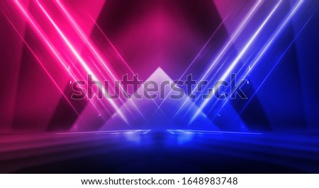 Background of empty stage show. Neon blue and purple light and laser show. Laser futuristic shapes on a dark background. Abstract dark background with neon glow