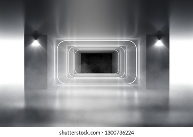 In the background - an empty tunnel, the room is lit by neon light. Background of empty space. Concrete coating, laser square figure in the center of the room. 3d illustration
