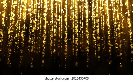 Background With Falling Gold Glitter Particles. Rain Of Golden Confetti With Magic Light, Glamour. Beautiful Animated Christmas Background