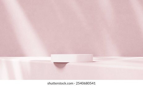Background featuring an empty product display mockup with a pink backdrop and abstract geometric platforms designed for showcasing merchandise in landscape orientation.