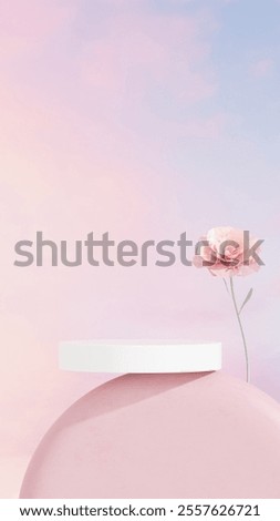 Background featuring an empty product display mockup with a pink backdrop and abstract geometric platforms designed for showcasing merchandise in portrait orientation