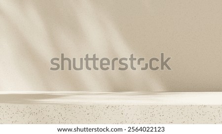 Background featuring an empty product display mockup with a beige backdrop and abstract geometric platforms designed for showcasing merchandise in landscape orientation.
