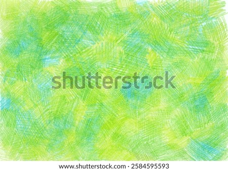 Background filled with texture drawn with colored pencils. Different shades of green, turquoise, yellow, turquoise colors. Crossed, chaotic strokes. Different colors alternate.
