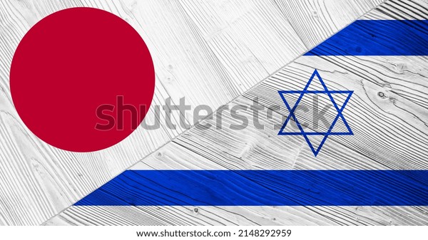 Background with flag of Japan and Israel on\
divided wooden board. 3d\
illustration