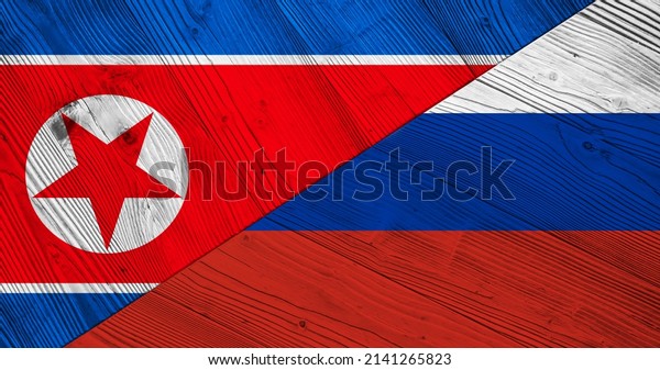 Background with flag of North Korea and\
Russia on divided wooden board. 3d\
illustration