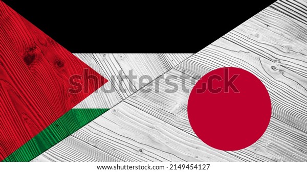 Background with flag of Palestine and Japan\
on divided wooden board. 3d\
illustration