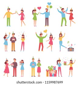  background in a flat style of group of happy best friends singing and celebrating birthday party - Powered by Shutterstock