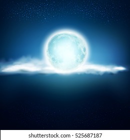 background with a full moon and clouds on a dark blue background.