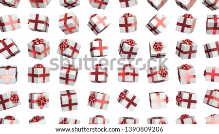 A background of gift box presents wrapped with ribbon and a bow. 3D Render