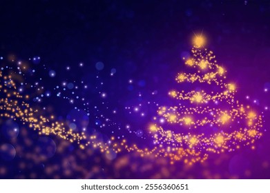 Background Golden Twilight Christmas Tree.Magical Holiday Glow. Starlit Christmas Night. Dreamy Festive Lights. Radiant Christmas in Purple Sky. Golden Sparkles of Christmas Night - Powered by Shutterstock