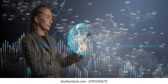 Background of graphs and tables with a grid of data values  of the analysis Woman in suit. Stading an look. Using smartphone Globe Earh Mexico Latin Globe planet earth view at evening in south