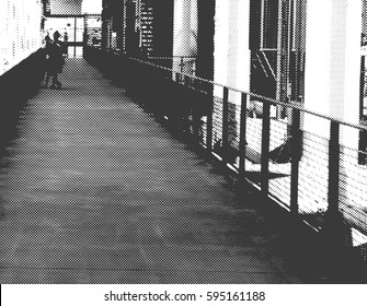 Background   halftone texture  with two figures in open corridor