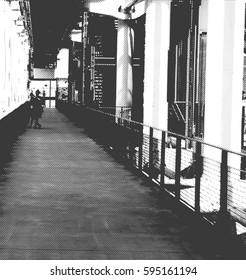 Background   halftone texture  with two figures in open corridor