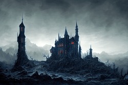 Background For Horror Fairy Tail Dark Gothic Castle In The Dark Dead Forest, Some Grey Place In Gloomy Terrain Of A Mountain Region