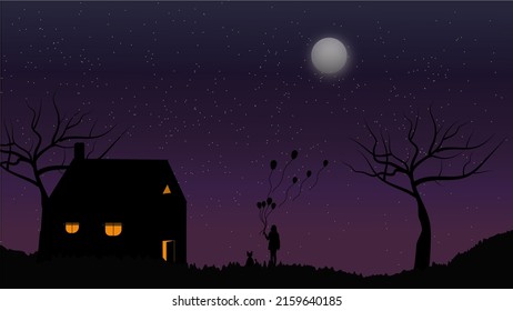 Background House And Sky Milkyway. Can Be Use For Wallpepar, Teen Book Cover, And Background. Types Of Flat Design Images