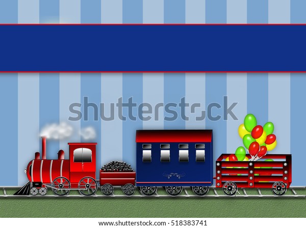 Background illustration\
3-D train with locomotive in front, coal car, passenger and wagon\
filled with balloons.  Graphic Illustration.  Banner above\
available for\
text.