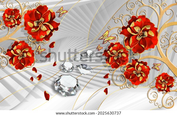 background illustration 3D, wallpaper with golden greens, scattered jewels, butterfly and red rose