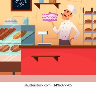 Background illustration of baker male at work. Confectioner man character, work chef baker - Powered by Shutterstock