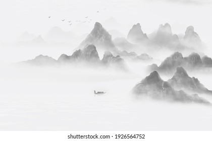 Landscape View Silhouettes Mountains Next Lake Stock Illustration ...