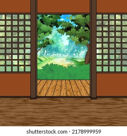 Background Illustration Of Dojo House With Forest In The Background In Anime Style