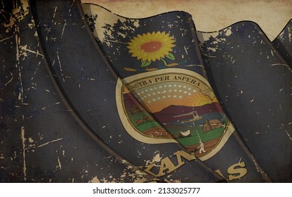 Background illustration of an old paper with a print of a waving Flag of Old Paper Print - Waving Flag of the State of Kansas