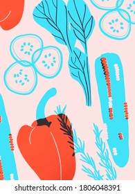 Background Illustration Of Organic Vegetables For Cover Of A Cookbook Or Menu. Vegetarian Menu Picture. Red, Turquoise Print Download. Creative Art Vegetables Pepper, Greens, Cucumbers, Peas And More 