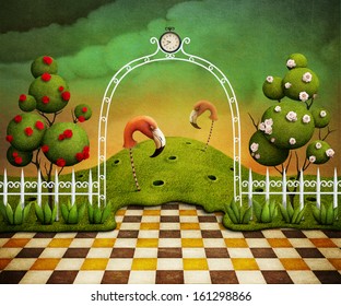 Background or illustration or poster with  flamingo and trees with roses. Computer graphics.
