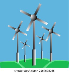 Background Illustration Of Several Iron Windmill Turbines On Green Hills With Blue Sky