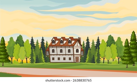 background illustration of wooden house building in forest plain and twilight sky