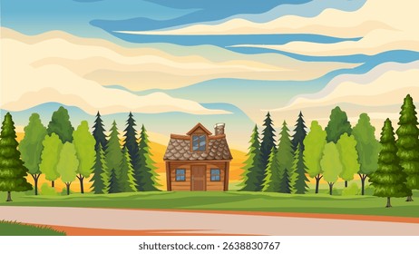 background illustration of wooden house building in forest plain and twilight sky