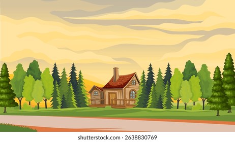 background illustration of wooden house building in forest plain and twilight sky