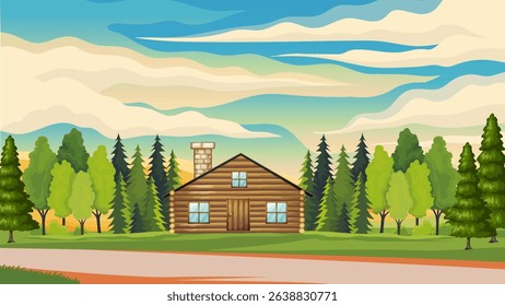 background illustration of wooden house building in forest plain and twilight sky